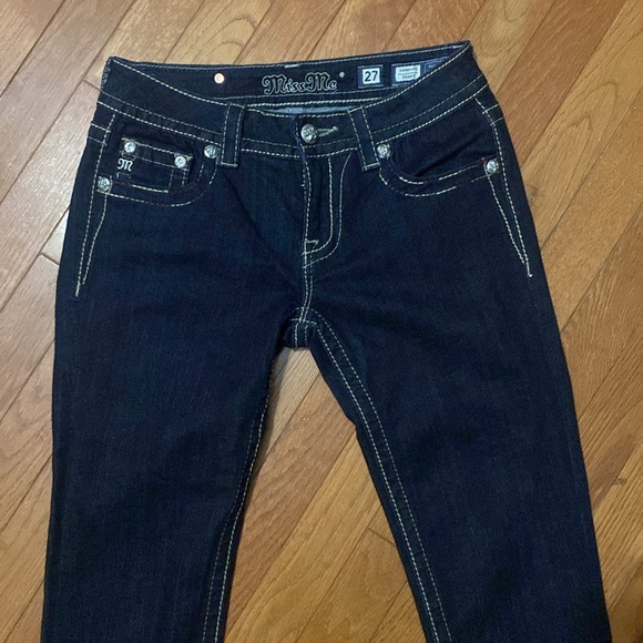 MISS ME SKINNY DARK WASH JEANS SADDLE STITCH POCKET RED,WHITE AND BLUE SZ 27 - Picture 6 of 14